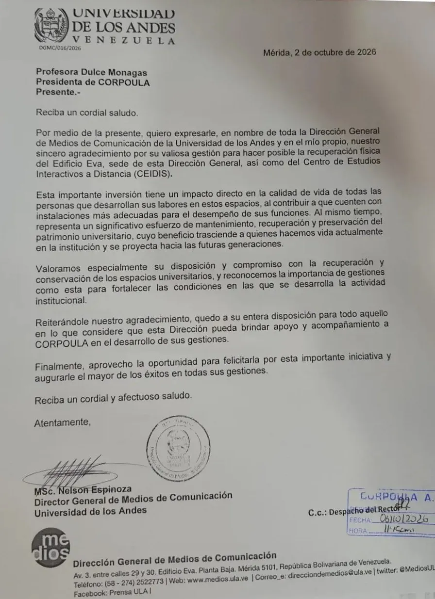 Carta original firmada y sellada por MSc. Nelson Espinoza, Director General de Medios de Comunicación de la Universidad de Los Andes, dirigida a la profesora Dulce Monagas, presidenta de CORPOULA.
